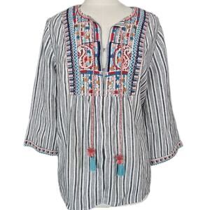 Love Linen Boho Embroidered Tunic Tassled Striped Linen Blouse Top J Jill Sz M